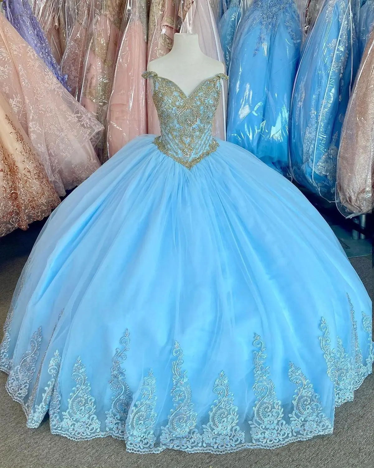 Light Blue vestidos de 15 años 2021Puffy  Quinceanera Dress Lace Off the Shoulder Sweet 16 Dress Long Prom Gowns Lace-Up Quince