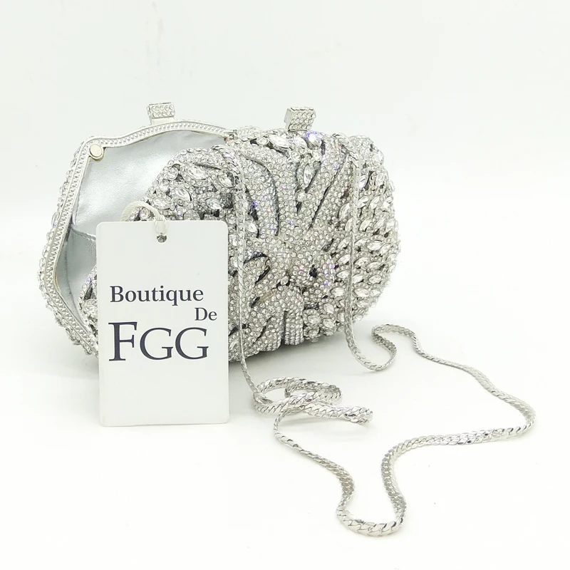 Boutique De FGG Dazzling Silver Diamond Clutch Purse Women Crystal Bags Evening Wedding Party Handbag Bridal Metal Minaudiere