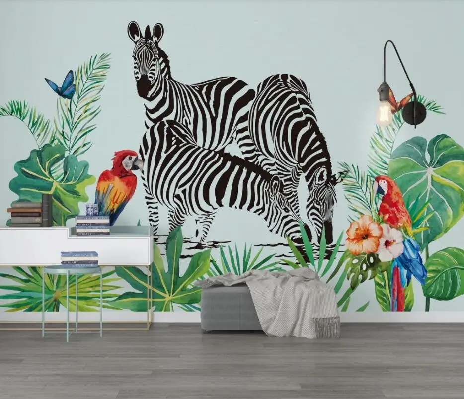 Bacal Custom photo mural wallpaper hand-painted watercolor tropical rainforest plant zebra animal background wall 3d wallpaper