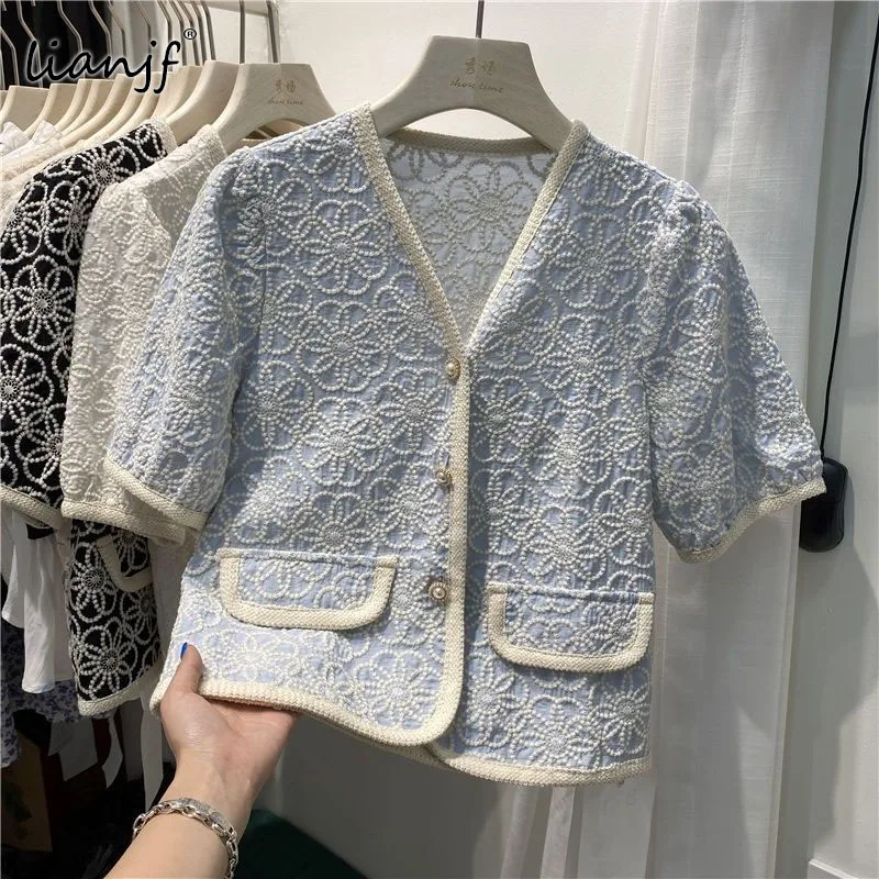 Summer Chic Korean Short Sleeve Plaid Woolen Coats Jackets Woman Tweed Jacket Fashion Elegant Office Lady Sweet Outwear Crop Top