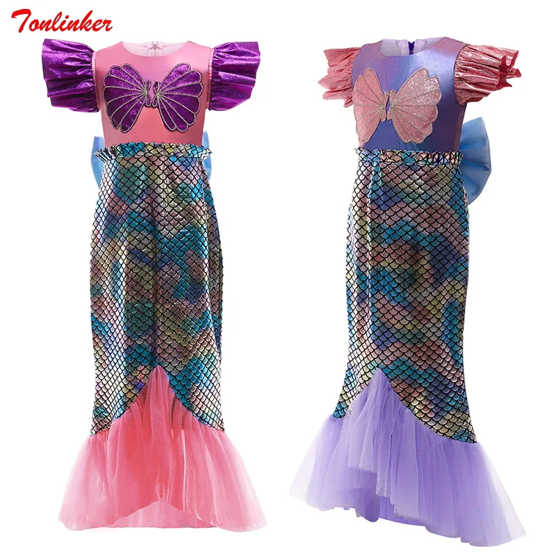 

Christmas Girls Mermaid Bowknot Yarn Fishtail Princess Costume Kids Children Carnival Fancy Halloween Party Holiday Dresses