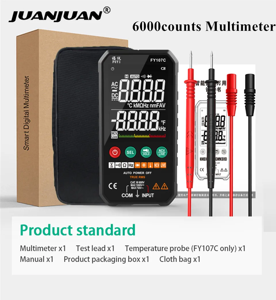 

FY107C/FY107B 6000 Counts Digital Multimeter True RMS AC DC NCV Transistor Capacitor Temperature Auto Voltage Smart Meter 50%Off