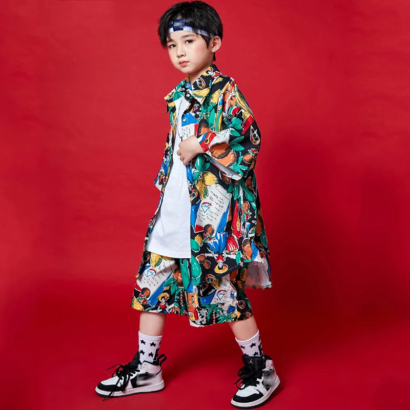 Children Tide Hip Hop Clothes Loose Short Sleeve Shirts Printing Outfit Boys Girls Hip Hop Performance Ballroom Dancewear BL6721