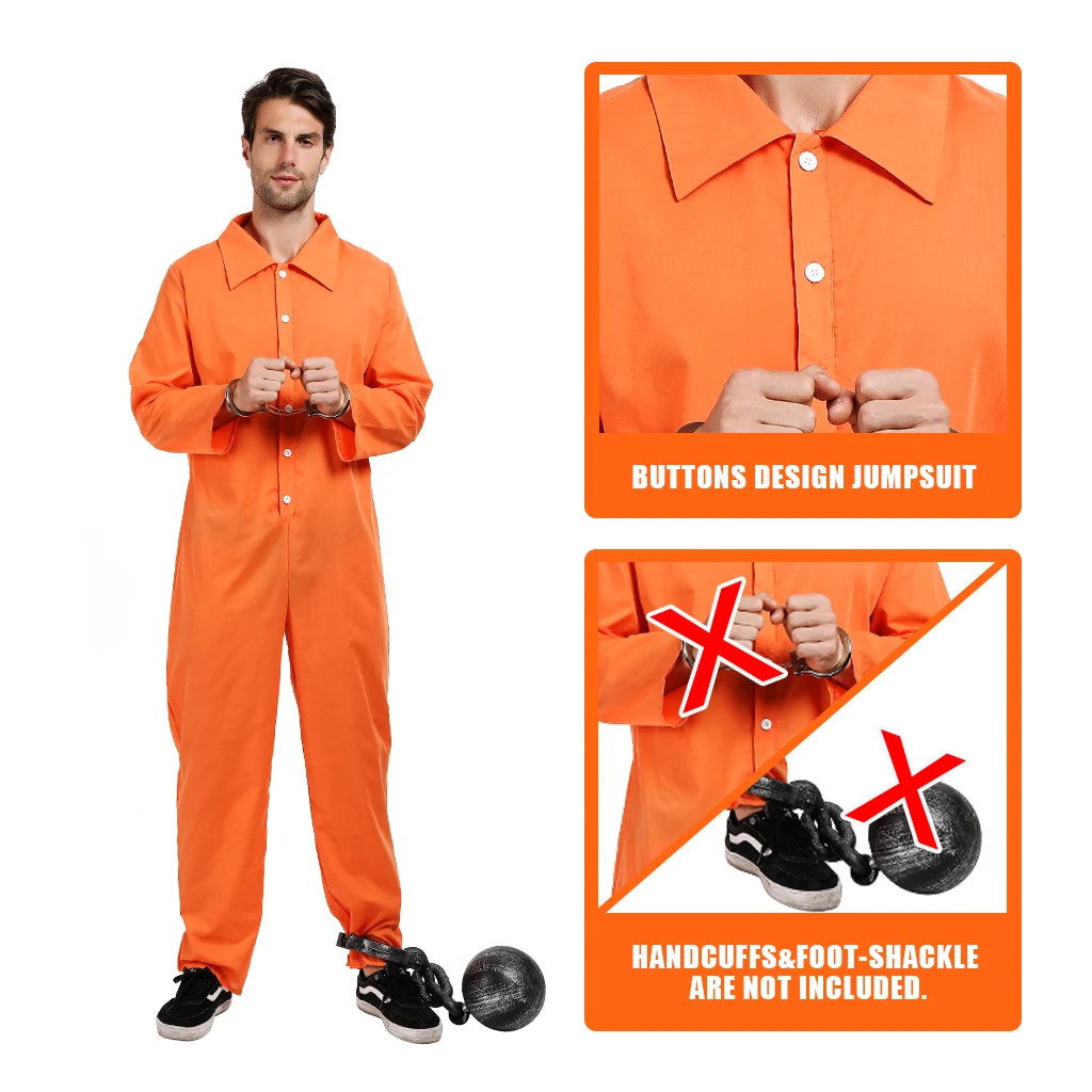 Eraspooky Männer der Gefangene Overall Cosplay Halloween Kostüm Für Erwachsene Orange Criminal Jailbird Insasse Hemd Karneval Outfit