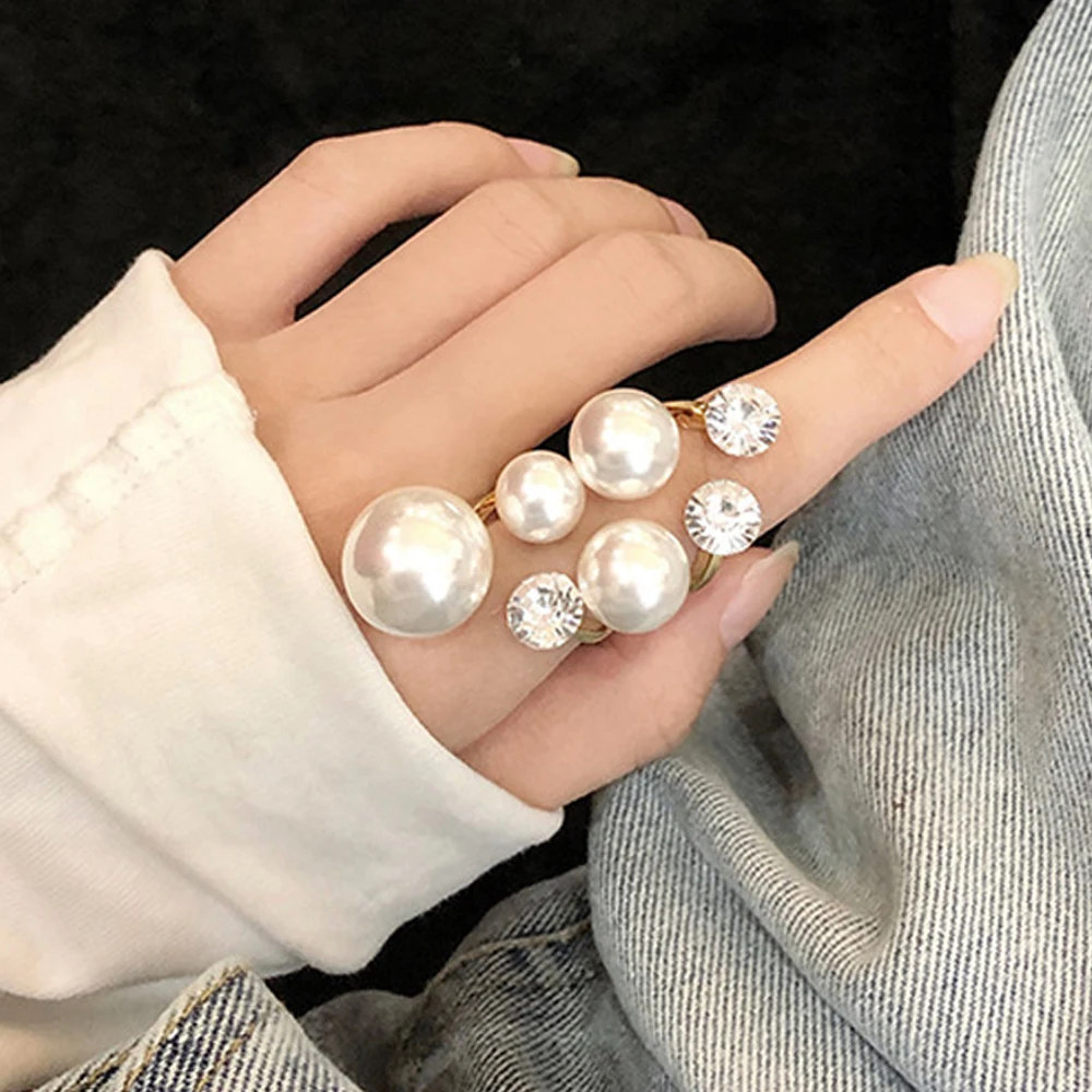 Elegant Retro Oversize Multi Pearl Rings For Women Lady Shiny Crystal Rhinestone Irregular Korean Charm Ring Wedding Jewelry