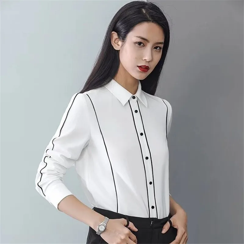 

Spring Autumn Fashion Shirts Office OL Style Commute Blouses Temperament Polo-Neck Long Sleeve Casual White Tops Blusas MM0674