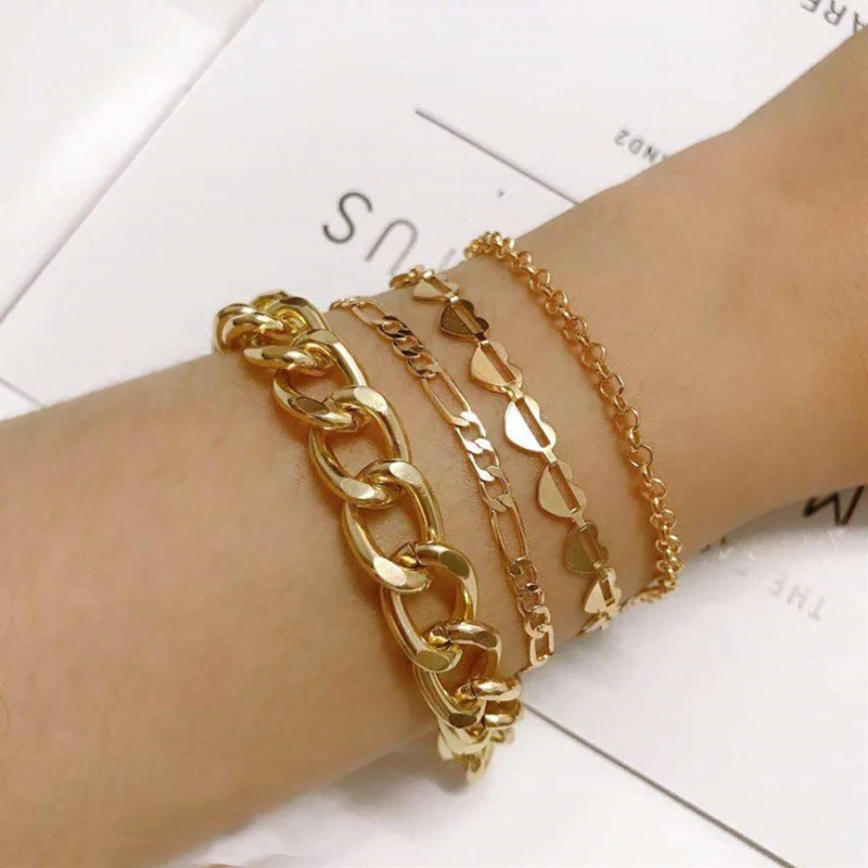 4 Pcs/set Punk Sliver Multilayer Bracelet For Women Jewelry Heart Chain Bracelets Fashion Girls Bracelets&Bangles 2022 Gift