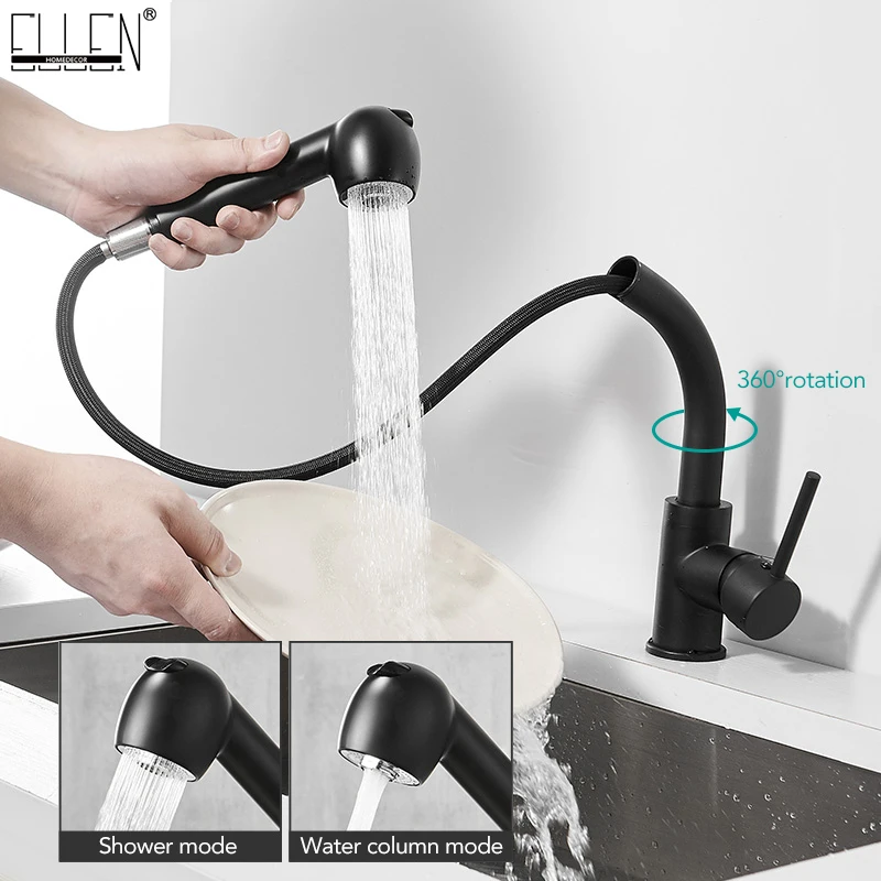 Kitchen Faucets Pull Out Hot Cold Mixer Crane Black Single Handle Kitchen Tap swivel 360 Degree Water Mixer ELK3008