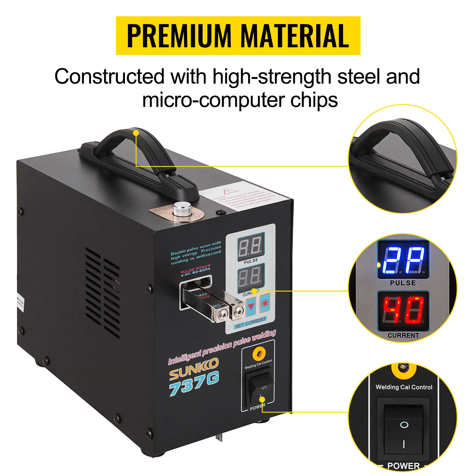 VEVOR Macchina Saldatrice Elettrica per Batteria Portatile Corrente di Saldatura 50A-800A Saldatrice a Punti con Ago di Saldatura Pressione di Saldatura 200g-700g Schermo di Controllo e Luce LED Potenza Massima 1500W