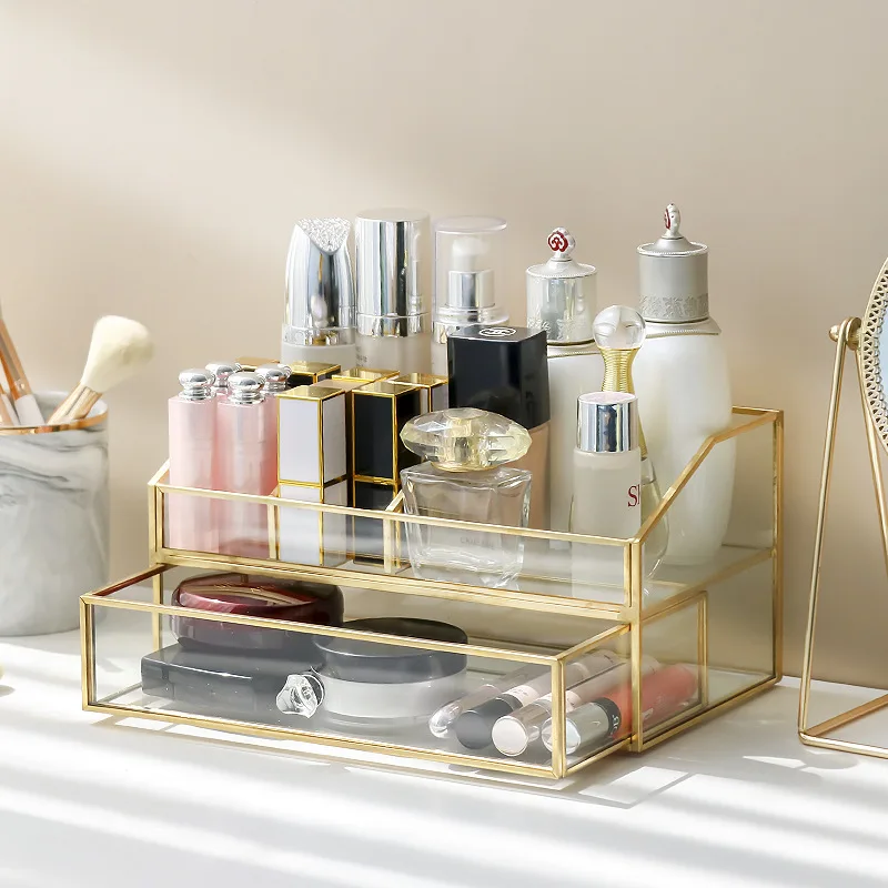 

Modern personality finishing dressing table bathroom Nordic shelf skin care cosmetics glass drawer desktop storage box LB92903