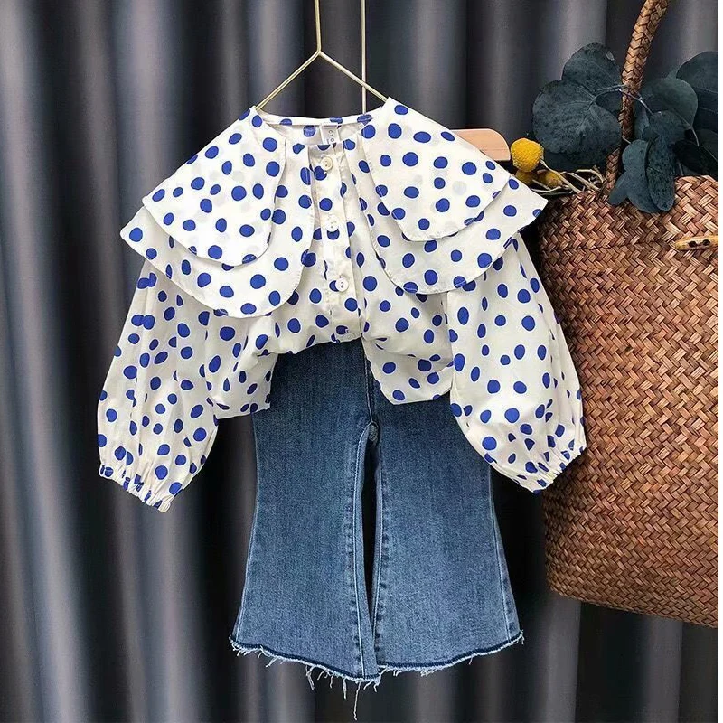 

New Fashion Girls Clothing Sets Cotton Children Tops Denim Pants 2 Pcs Kids Round Neck Polka Dot Suits Baby Casual Outfit