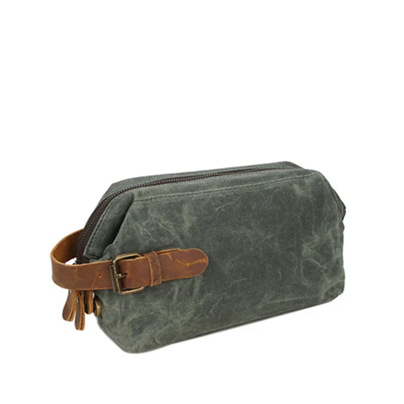 Men's Oil Wax Canvas Clutch Retro Style Top Layer Cowhide Toiletry Bag Cosmetics Bag Fashion Wrist Bag