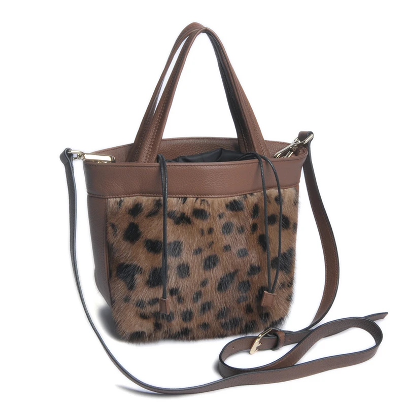 KAISHIN Fashion Genuine Mink Fur Tote Handbag Leopard Design Shoulder Bag Genuine Cowhide Crossbody Bag IL00620