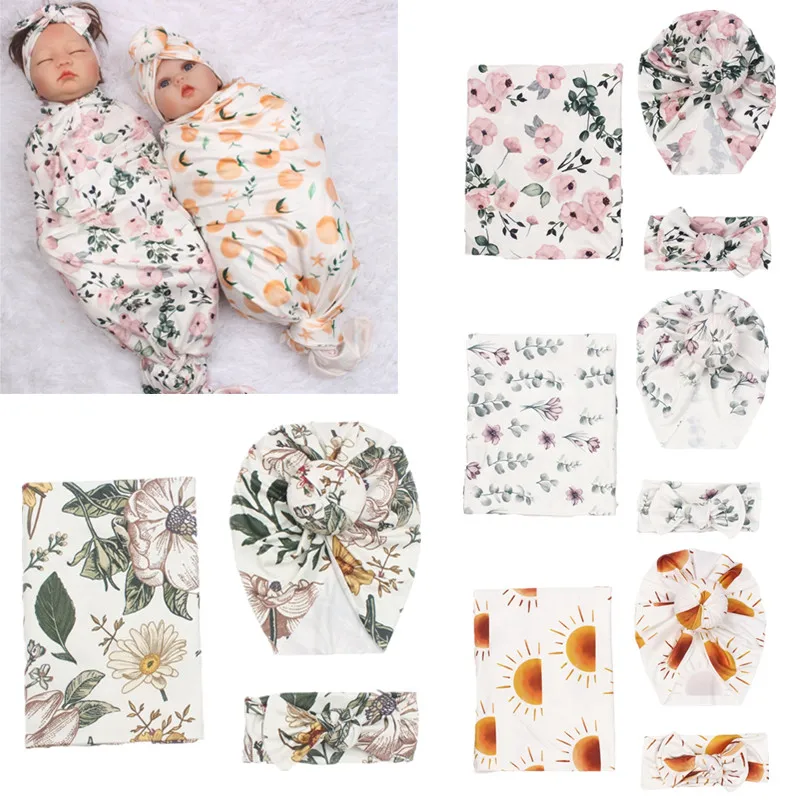 3pc Baby Floral Print Blanket Bamboo Fiber Newborn Swaddle Blanket with Knotted Beanie Hat Bow Headband Set for Baby Shower Gift