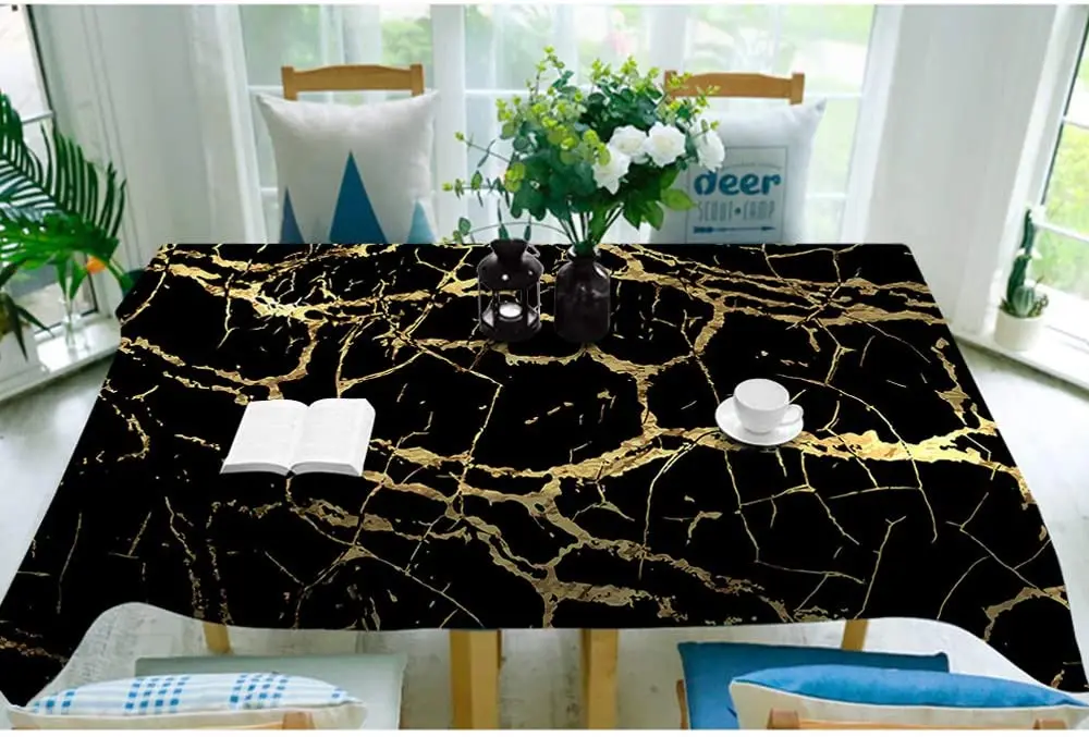 Tablecloth Abstract Art Marble Texture Modern Design Golden Black Color