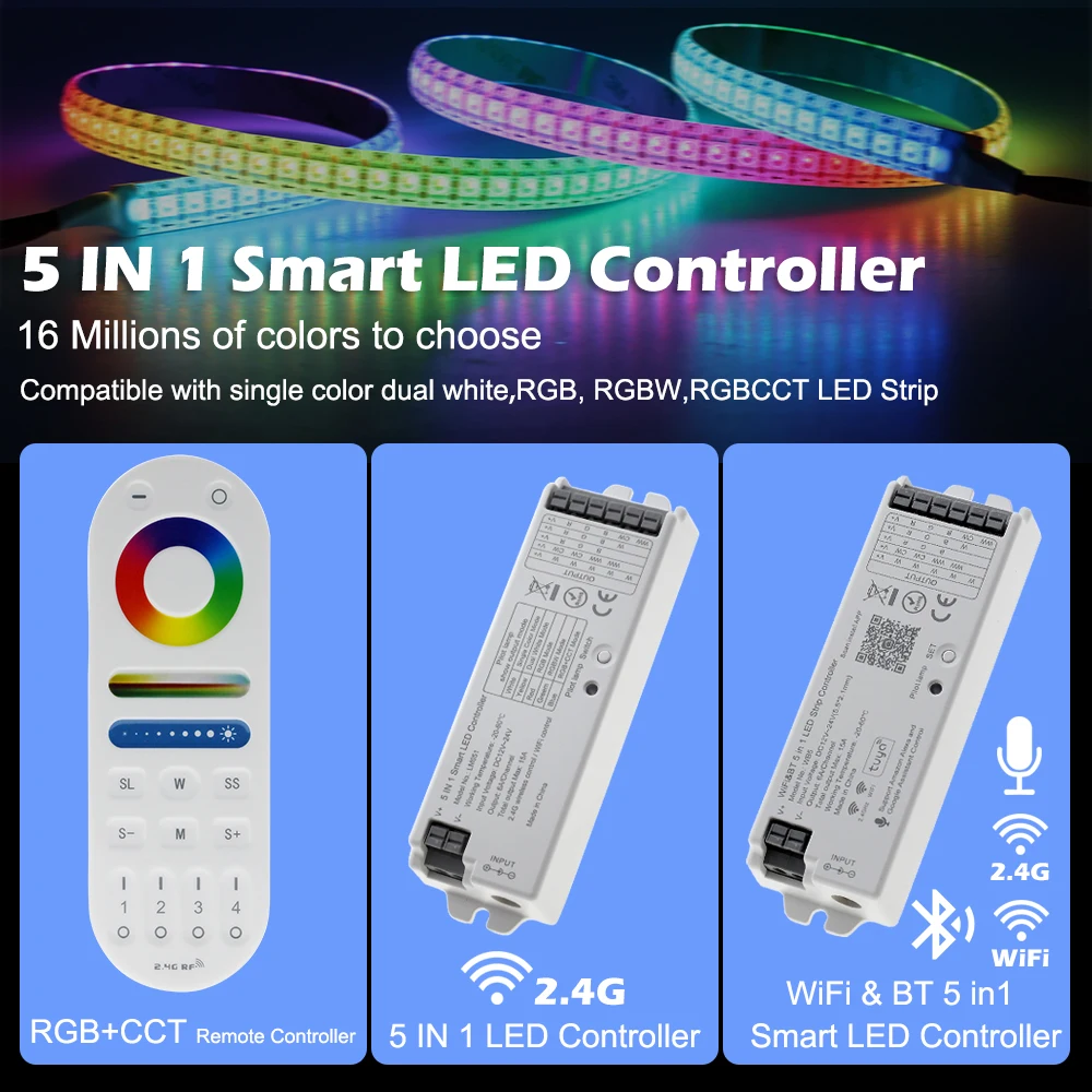 Smart LED Controller WiFi BT 5 IN 1 2.4GHz RF RGB+CCT Remote Controller For Full Color / RGBW / RGB / Dual White LED Strip