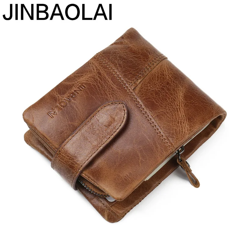 JINBAOLAI Full-Grain Leather Men's Wallet Vintage Zipper Hasp Genuine Leather Short Leather Wallet Coin Bag Wallet