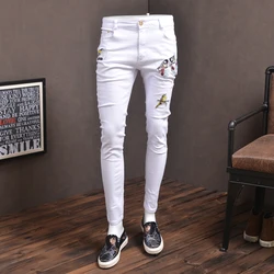 Men's Bird Embroidery White Jeans Fashion Streetwear Cotton Elastic Denim Straight Pants P86