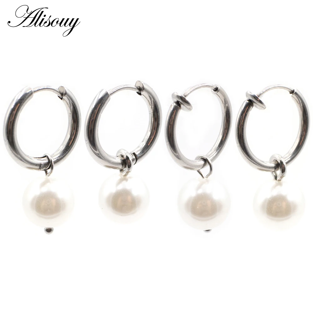 Alisouy 2pcs Imitation Pearl Dangle Stainless Steel Circle Ear Clip Hoop Earrings For Women Girls Men Round Non Piercing Jewelry