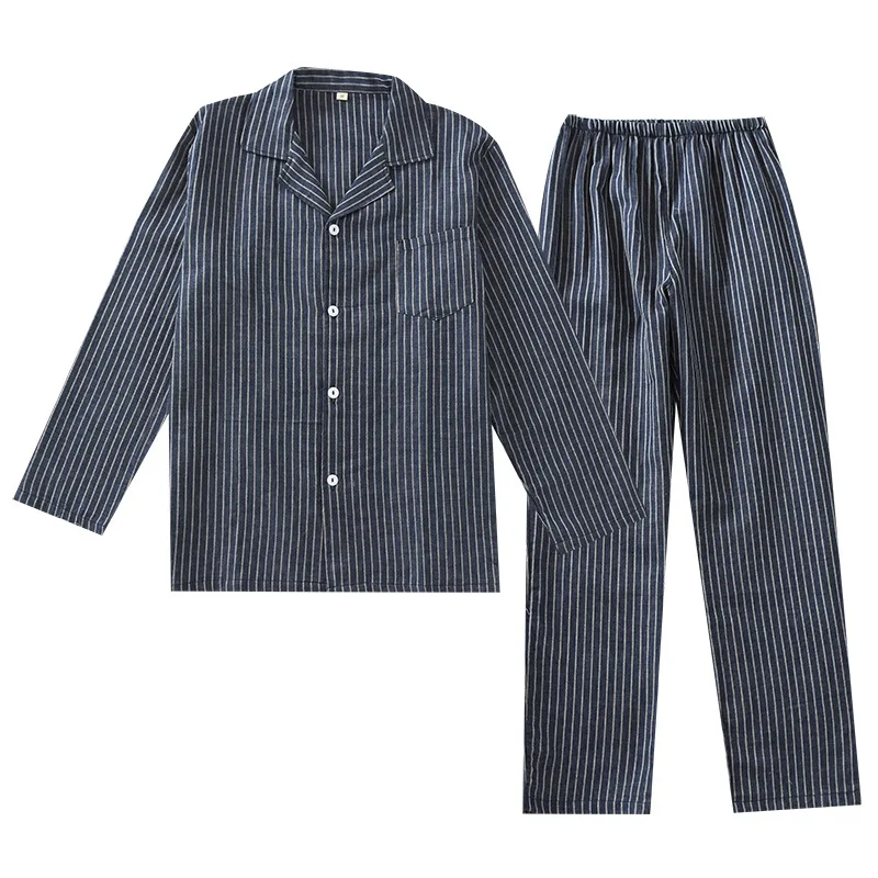 New Men\'s Vertical Striped Gauze Pajama Set Loose Comfortable Men Nightwear Long-sleeved Trouser Suit Elastic Waist Home Clothes