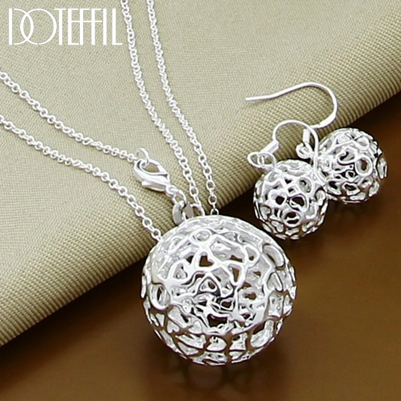 

DOTEFFIL 925 Sterling Silver 18 Inch Chain Hollow Round Ball Necklace Earring Set For Woman Wedding Engagement Charm Jewelry