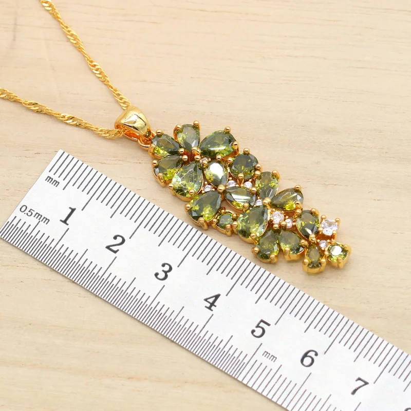 Luxury Green Peridot Gold Color Bridal Jewelry Set for Women Bracelet Earrings Necklace Pendant Ring Birthday Gift