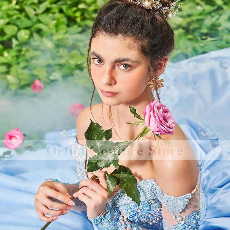 Principessa abiti Quinceanera azzurri gonna a strati perline abiti da xv ol 2021 Off spalla Masquerade Prom Wear