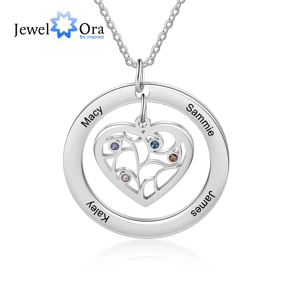 

JewelOra Personalized Tree of Life Necklace with Birthstone Stainless Steel Name Engraved Pendant Family Gift for Mother Grandma