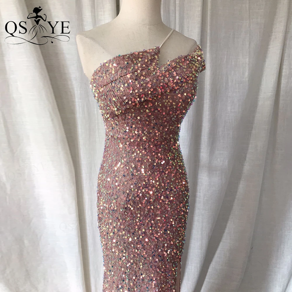 One Shoulder Brown Evening Dresses Sequin Mermaid Prom Gown Glitter Long Formal Party Women Sexy Split Shoulder Strap Prom Dress