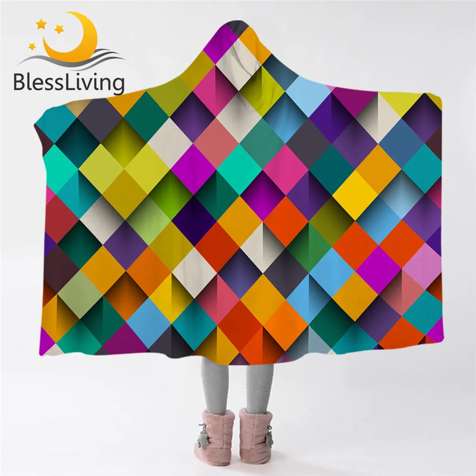 

BlessLiving Squares Hooded Blanket for Adults Colorful Sherpa Fleece Blanket Shadows Wearable Throw Blanket With Hood Bedding