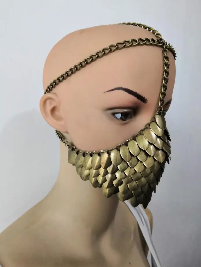 New Style Women Bronze Colour Chains Layers Fish Scale Head Unique Design Face Mask Chains Jewelry WRHE1050