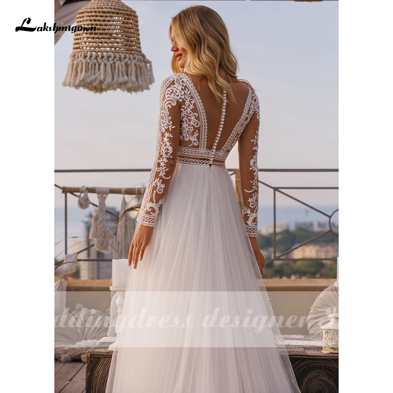 Abiti da sposa Vintage Boho A maniche lunghe 2021 vestido de novia pizzo collo alto Plus Size A Line abiti da sposa da spiaggia robe de mariee