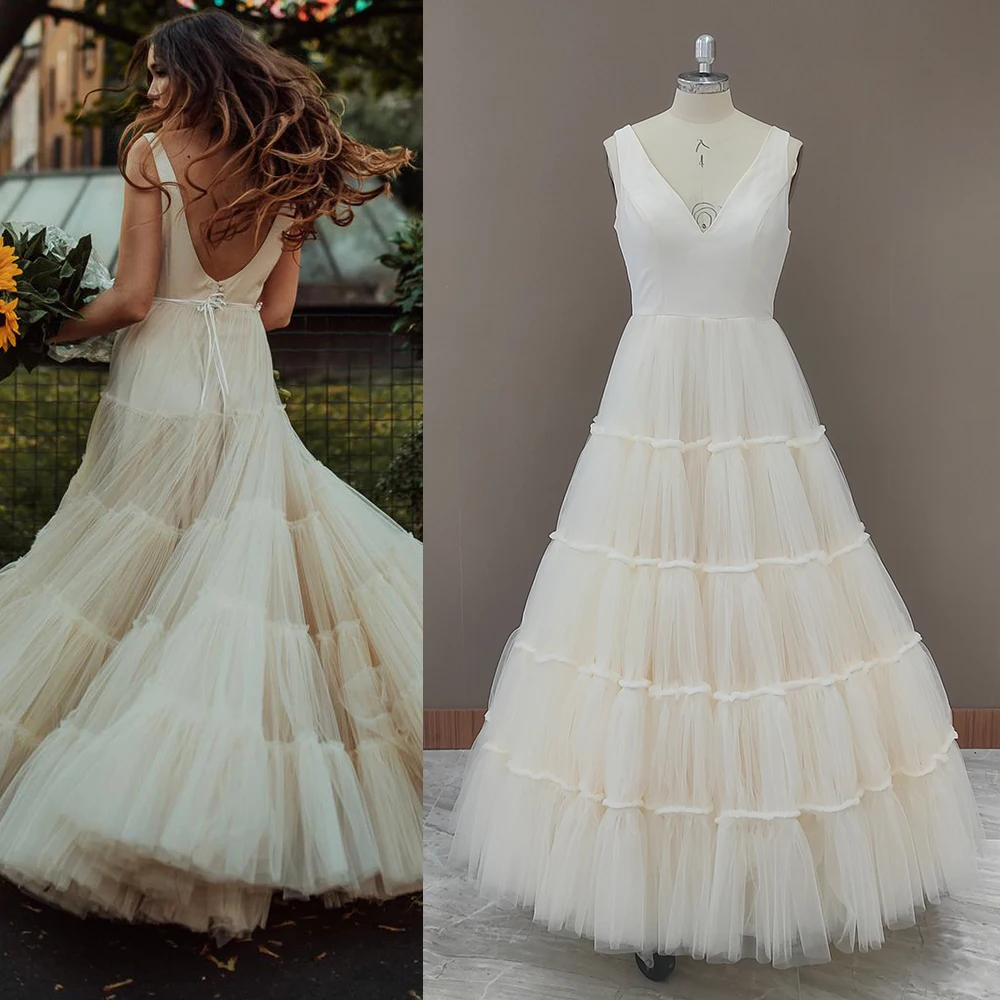 Tiered Tulle V คอชุดแต่งงานม้วน Ruched Ruffles เปิดกลับ Custom Made Plus ขนาดปุ่มชายหาด Puffy เจ้าสาวชุด