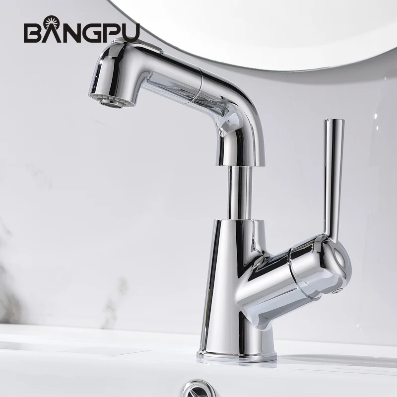 BANGPU Bathroom Pull Out Faucet 1 Hole Sink Faucet Single Handle Basin Faucet Bathroom Tap Solid Brass Deck Mounted Chrome