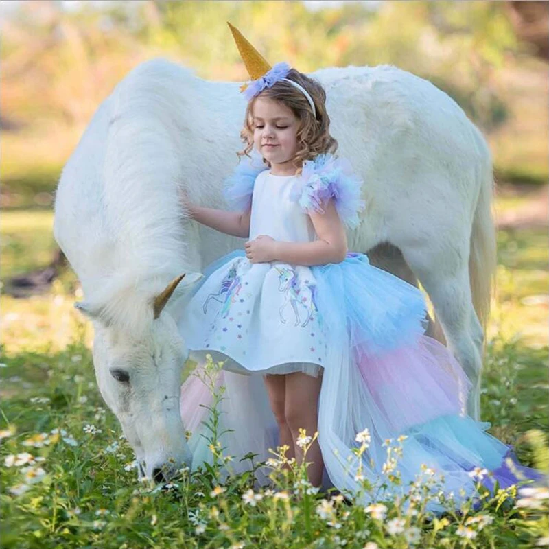 Unicorn Dress For Girls Birthday Party Costume Christmas Princess Dress With Long Tail Kid Anniivesary Clothes Backless Vestidos