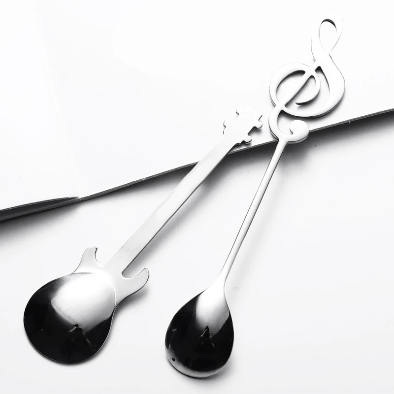 Cucharas de yo-café calientes, paquete de 6 cucharas creativas y bonitas de acero inoxidable con forma de notación Musical del personal (3 + 3 notas musicales guitarras)