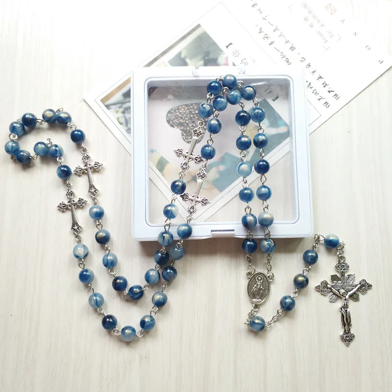 QIGO Blue Acrylic Rosary Necklace Long Cross Pendant Catholic Necklace Religious Jewelry For Men Women