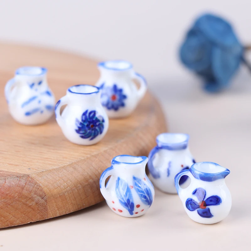 6pcs 1/12 Scale Dollhouse Miniature Mini Porcelain Blue Print Milk Pots Teapot Water Cups Set Dolls Room Furniture Decoration