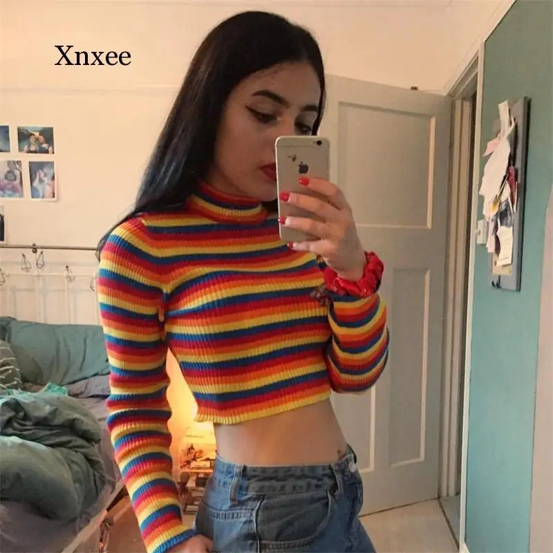 Fashion Rainbow Stripe Longsleeve Knitting Top Women\'s Spring Sweater Female Sweater Ladies High Collar Short Corp Tops Shirts