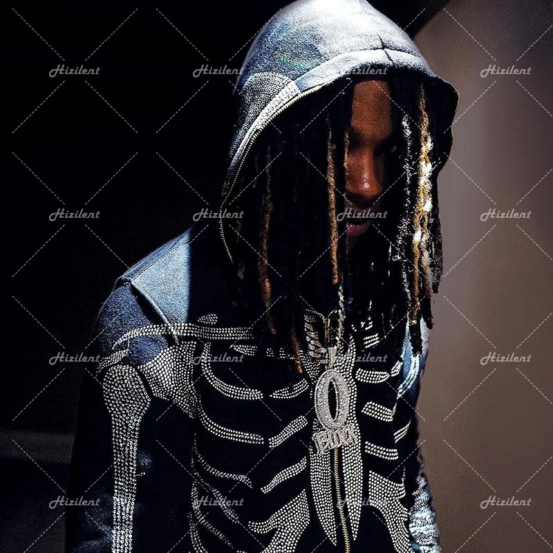 Zip Hoodie Rhinestone skeleton goth Sweatshirt Sport Coat Pullover Gothic Long Sleeve Oversized hoodie Y2k jacket Men's hoodies