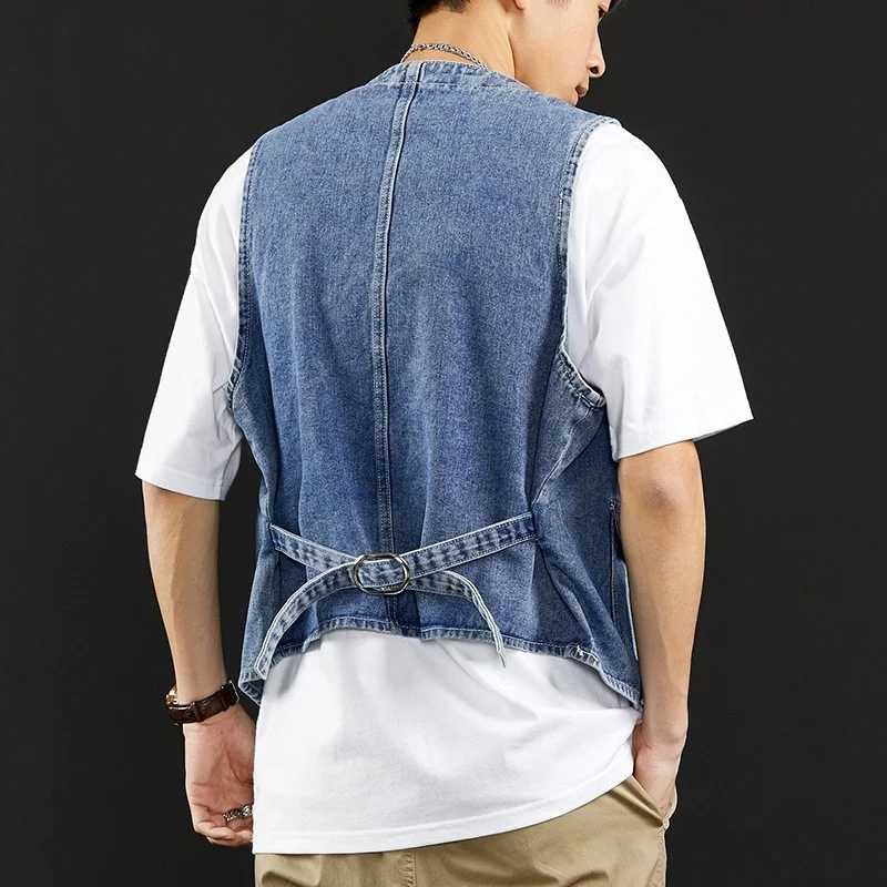 

Men Vintage Single Breasted Pockets Denim Cargo Vest V Neck Slim Fit Casual Sleeveless Jean Jacket Harajuku Streetwear Waistcoat