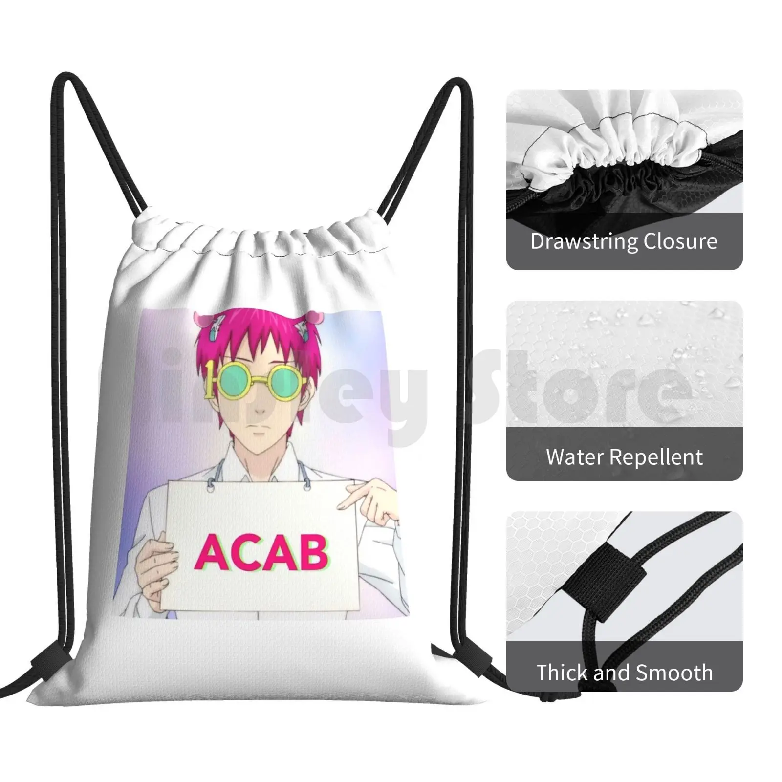 Saiki Kusuo Says Acab Backpack Drawstring Bags Gym Bag Waterproof Acab Anime Saiki K Saiki Japan Cartoon Kaido