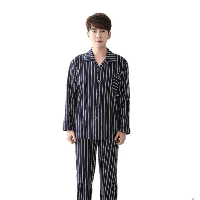 Spring Autumn 100%Cotton Men Pajama Sets Striped Pajamas Long Sleeve Turn-down Collar Mens Sleepwear Plus Size Male Nightwear