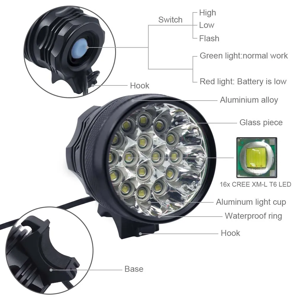 16*T6 LED Bicycle Light Front Tail 40000 Lumens 9600mAh Rechargeable Lamp MTB Road Headlight Bicycle Lights Cycling Flashlight