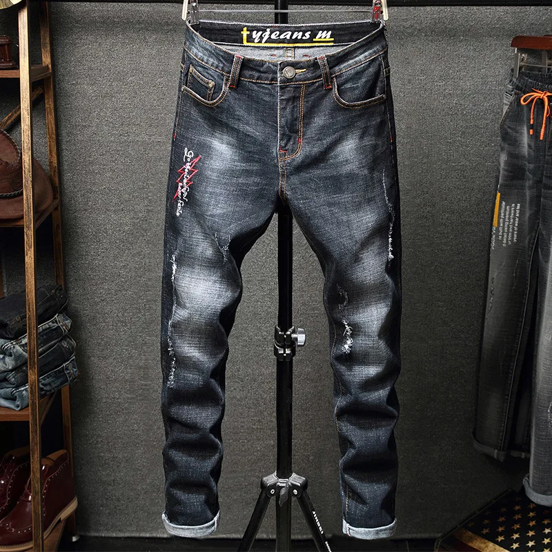 

Spring Autumn Black Jeans Men's Distressed Frayed Casual Simplicity Fashion Pants For Male Biker Streetwear Hiphop Denim Trouser