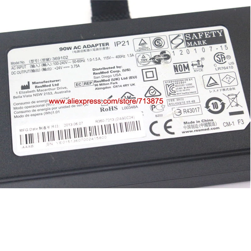 Imagem -02 - Adaptador ca Genuíno para Máquinas Cpap e Vpap Resmed 369102 90w Fonte de Alimentação s9 Ip21 24v 3.75a