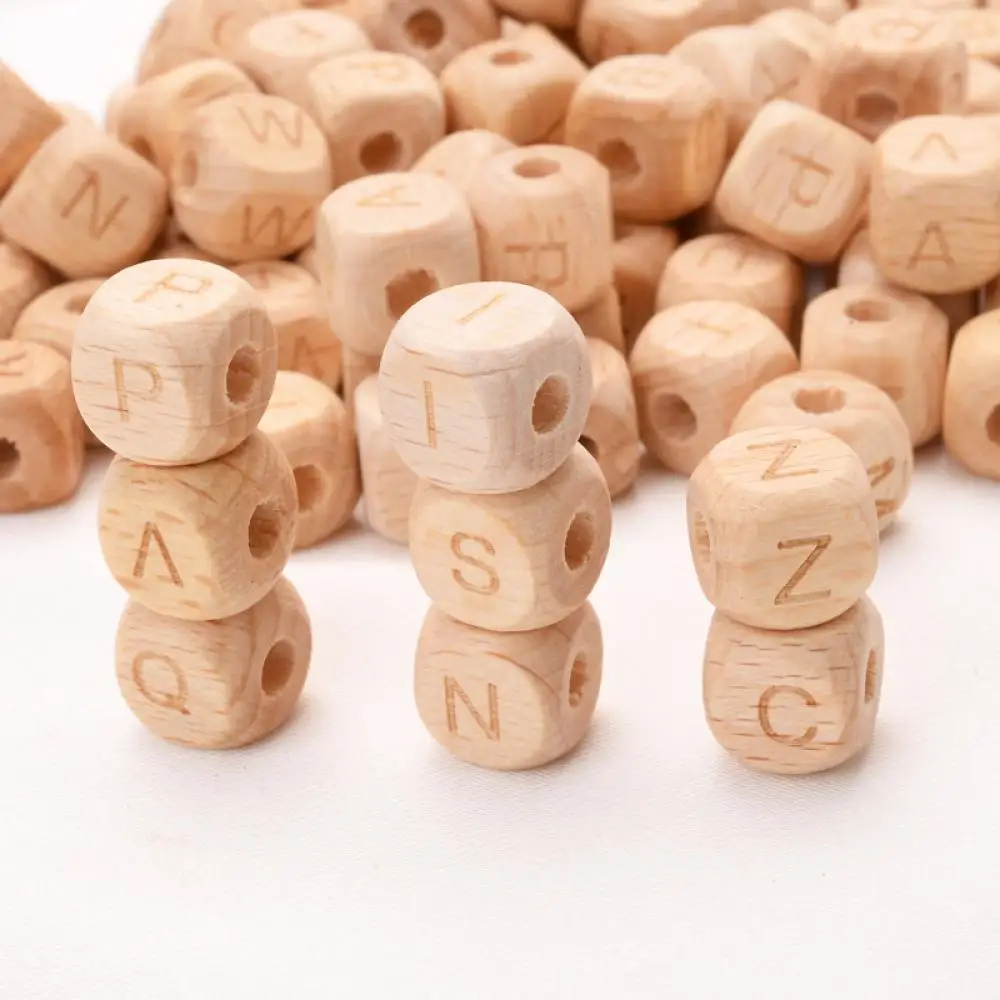 50Pcs 12mm Square Wooden Alphabet Beads English A-Z Personalized Name Letter Beads for Baby Nursing Pacifier Chain Accessory