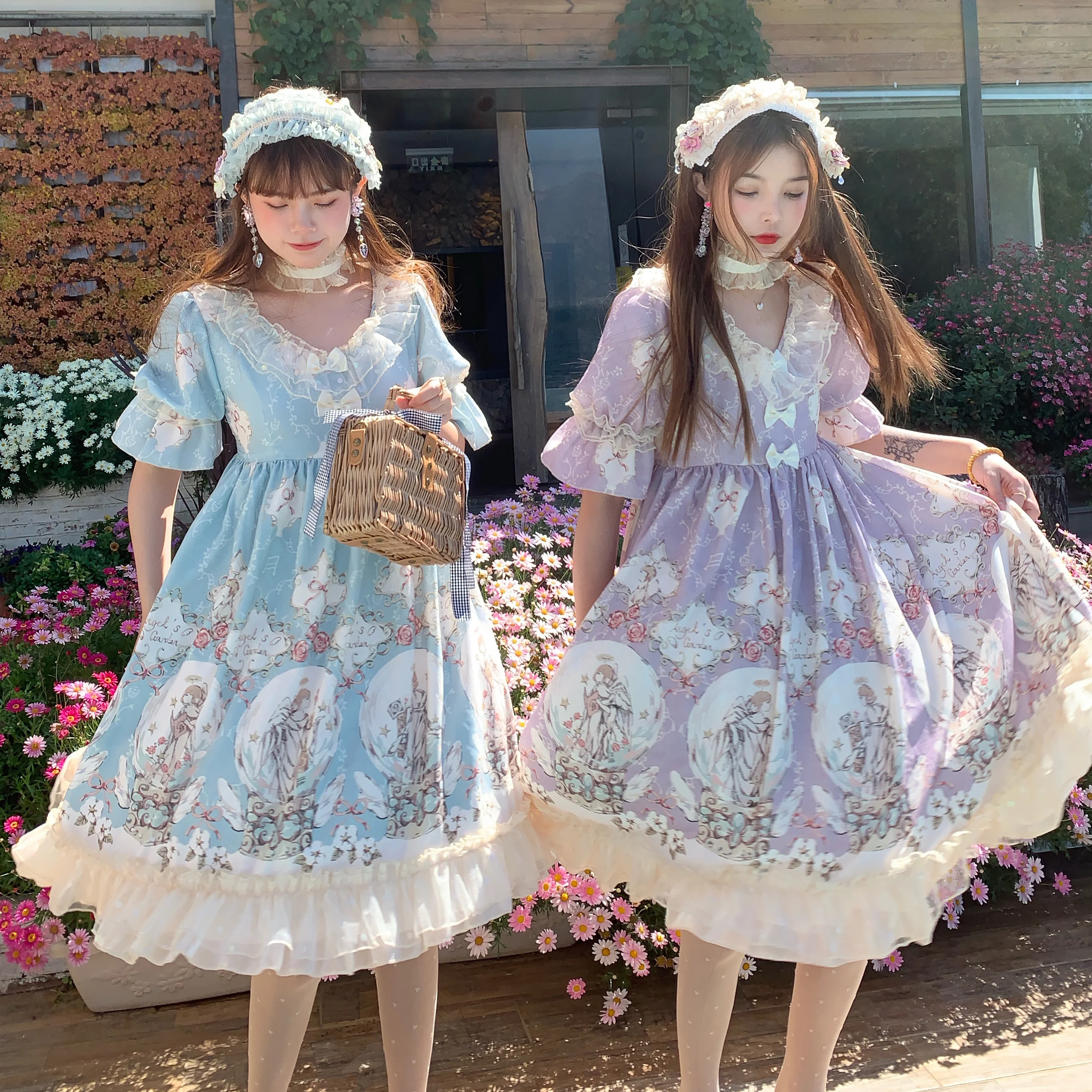 

Japanese sweet lolita dress vintage stand puff sleeve high waist cute printing victorian dress kawaii girl shortsleeve dress