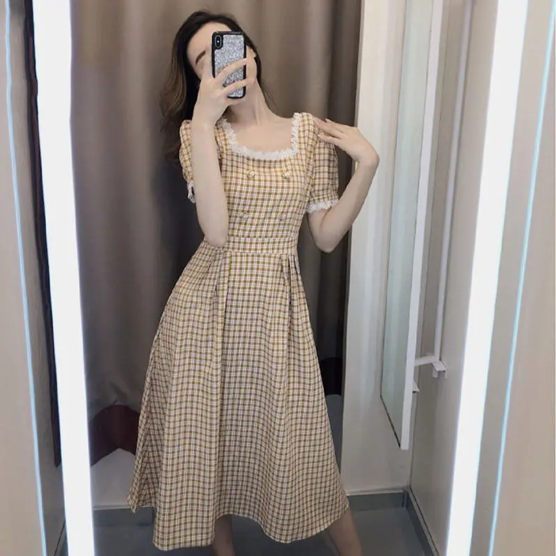 Summer Plaid Dress Women Sweet Square Collar High Waist Mid-Calf Length Cottagecore Dress Short Sleeve Korean Fashion Clothing