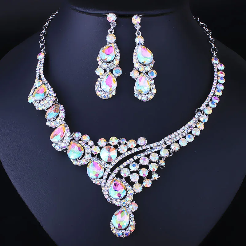 FARLENA Wedding Jewelry Clear Crystal Rhinestones Water Drop Necklace Earrings Set for Women Bride Dubai Sets
